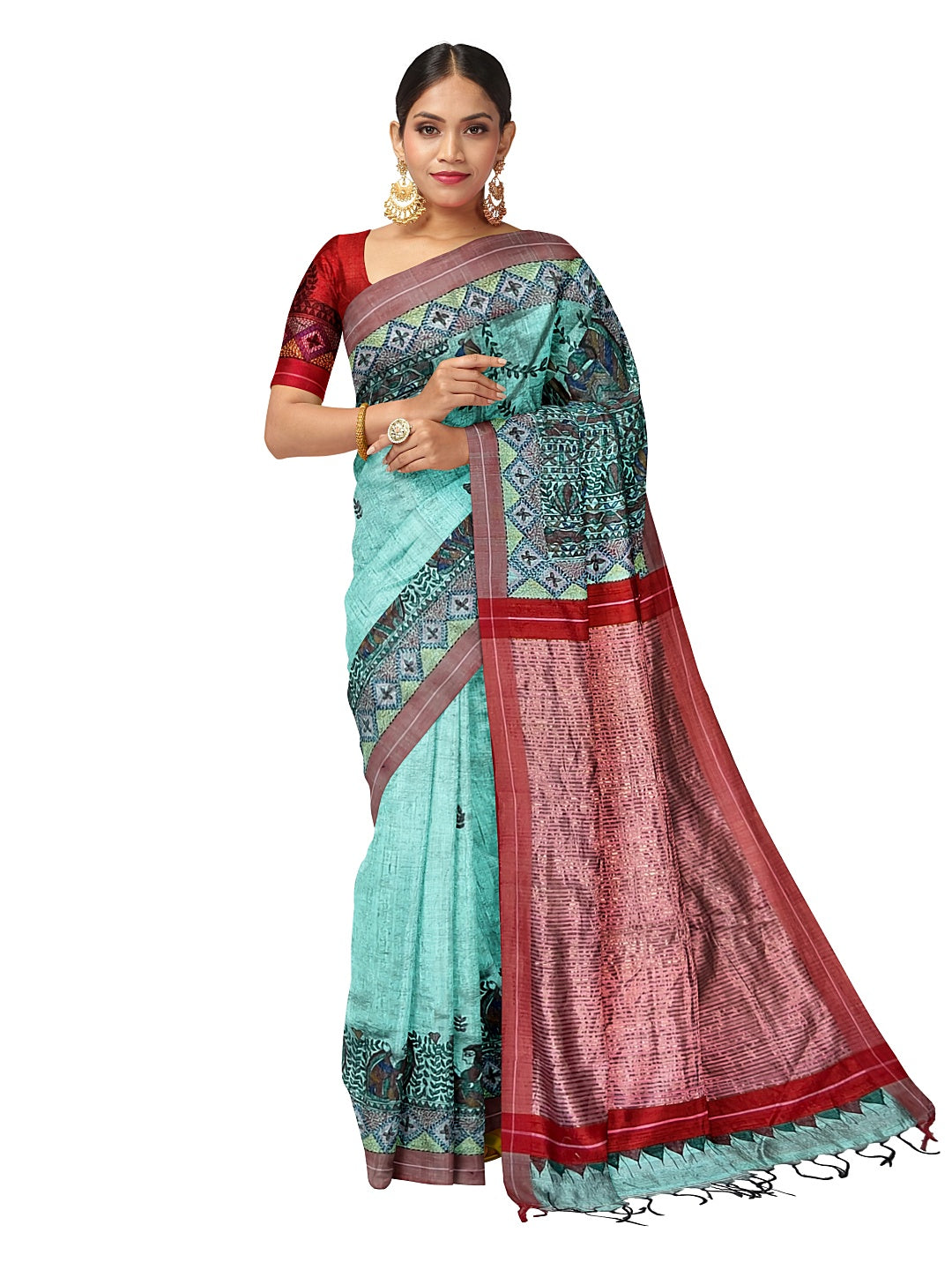 Handpainted Madhubani Saree with Sujani Embroidery on Dupion silk